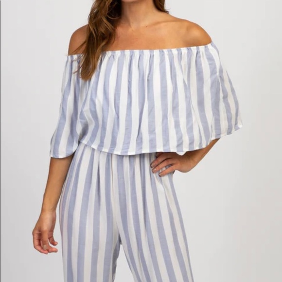 NWT. BLUE & White Striped Off The Shoulder Nautical Jumpsuit. Large. - Picture 2 of 7